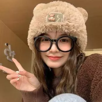 Милая шапка из шерсти медведя женская зима 2024 плюшевая теплая пушистая осенне-зимняя вязаная шапка с большой окружностью головы M56-58cm
