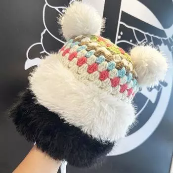 Милая шапка из шерсти с ушками медведя, женская, осенне-зимняя, плюшевая, теплых тонов, ручная работа, холодная шапка для прилива Elastic (54-58cm) чёрный