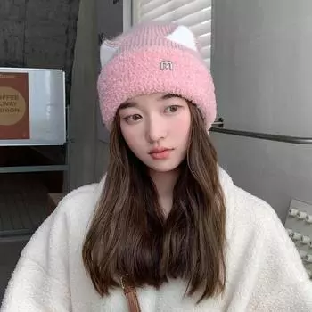Милая шапка-кошка, женская теплая вязаная шапка, универсальная зимняя шерстяная шапка с изображением лица, маленькая японская холодная шапка average size