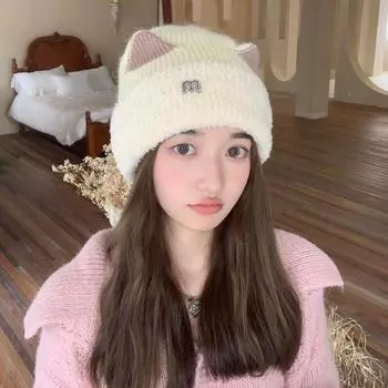 Милая шапка-кошка, женская теплая вязаная шапка, универсальная зимняя шерстяная шапка с изображением лица, маленькая японская холодная шапка average size