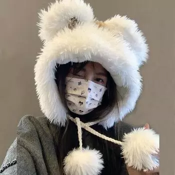 Милая шапка-медведь, женская утолщенная плюшевая зимняя защитная шапка-пуловер, показывающая маленькое лицо и сохраняющая тепло, студенческая шапка Lei Feng Tide One Size