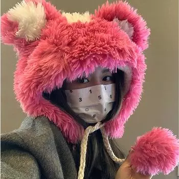 Милая шапка-медведь, женская утолщенная плюшевая зимняя защитная шапка-пуловер, показывающая маленькое лицо и сохраняющая тепло, студенческая шапка Lei Feng Tide One Size