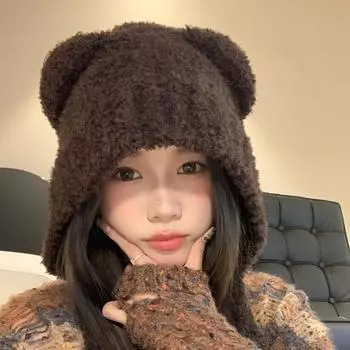 Милая шапка-медведь женская зимняя теплая вязаная шапка женская большая окружность головы ветрозащитная шерстяная шапка плюшевая защита ушей шапка Lei Feng One Size серый