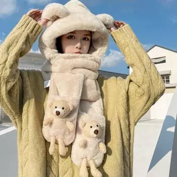 Милая шапка-медведь, женская зимняя универсальная термобельевая плюшевая шапка, перчатки, шарф, интегрированный трехкомпонентный термосвитер, шапка слоновая кость