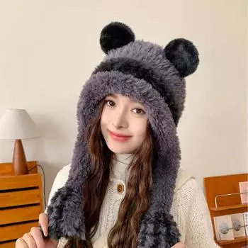 Милая шапка-медведь, женские плюшевые наушники, флисовые термонаушники, новая утолщенная вязаная шапка на осень и зиму one size fits all хаки