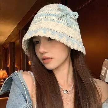 Милая шапка-рыбак контрастного цвета с бантом, женская летняя шапка ручной работы с лицом, маленькая шерстяная шапка с полым тазиком M56-58cm