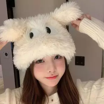Милая шапка с большими глазами для щенка, женская зимняя бархатная наушник, показывающий лицо, маленькая японская мультяшная плюшевая шапка, пуловер, шапка на голову белый
