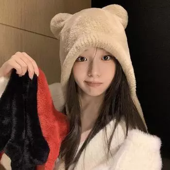 Милая шапка с изображением медведя из мультфильма, женская, 2024 года, новая зимняя плюшевая шапка, утолщенная, теплая, для лица, маленькая, холодная шапка, сумка для головы Average size (54-59cm) красный