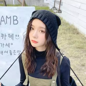 Милая шапка с кошачьими ушками, милые женские зимние теплые шапки, женские кавайные осенние и зимние шапки, повседневные вязаные шапки 100% ручной работы M 56-58cm
