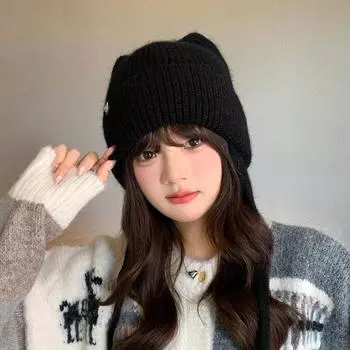 Милая шапка с кошачьими ушками, женская зимняя, большая окружность головы, вязаная, универсальная, бархатная, утолщенная, для защиты ушей, теплая шерстяная шапка M56-58cm чёрный