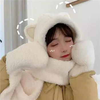 Милая шапка с медвежьими ушками, шарф, перчатки, комплект, зимние женские новые шапки, теплые повседневные плюшевые шапки, повседневные однотонные флисовые аксессуары для девочек Kawaii