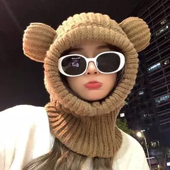 Милая шапка с медвежьими ушками, шарф, интегрированная шапка, женская зимняя универсальная теплая защита для ушей, шапка Lei Feng, вязаная шерстяная шапка M56-58cm хаки