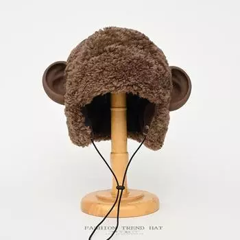 Милая шапка с обезьяньими ушками для мужчин и женщин на осень и зиму, теплая плюшевая шапка Lei Feng, молодежный комплект для защиты ушей из искусственной овечьей шерсти One Size темно-коричневого