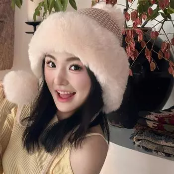 Милая шапка с помпонами и ушками тигра, утолщенная плюшевая шапка-пуловер, новая повязка на голову для велоспорта, катания на лыжах чёрный