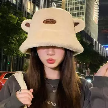 Милая шапка с ушками для женского лица, маленькая теплая плюшевая шляпа-ведро, большая окружность головы, универсальная простая шляпа-тазик One Size