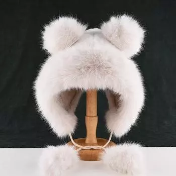 Милая шапка с ушками медведя женская осень и зима с теплой плюшевой шапкой белая защита ушей пушистая шапка Lei Feng One Size розы красного