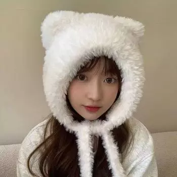 Милая шапка с ушками медведя женская зимняя большая окружность головы вязаная пушистая шапка велосипедная морозостойкая пушистая шапка-пуловер белый