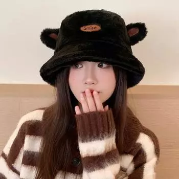 Милая шапка с ушками, женская, новая, маленькая, теплая, плюшевая, панама, большая окружность головы, универсальная, простая, панама One Size