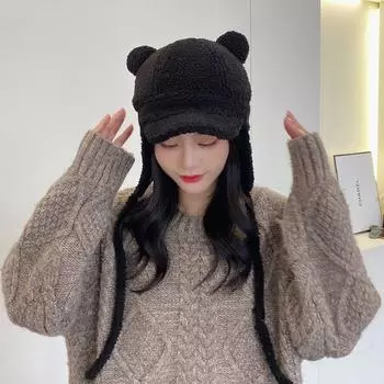Милая шапка-ушанка из овечьей шерсти женская зимняя повседневная универсальная теплая шапка Lei Feng модная ветрозащитная шапка-ушанка M56-58cm чёрный