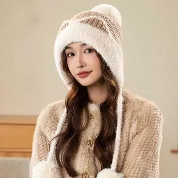 Милая шапка-ушанка женская осенне-зимняя утолщенная теплая вязаная шерстяная шапка для защиты ушей one size чёрный