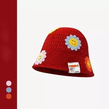 Милая шапка-ведро с цветком солнца, связанная крючком вручную, женская повседневная универсальная тканевая этикетка, красная шерстяная шляпа-ведро M56-58cm красный