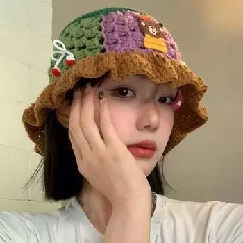 Милая шапка-ведро с медведем, женская, осенне-зимняя, сладкая шерстяная шапка, большая окружность головы, покажите лицо, маленькая вязаная шапка, прилив M (56-58cm) Bear Edge Basin Cap