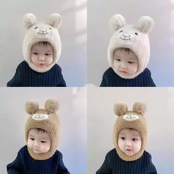 Милая шапочка-бини с медведем для ребенка, теплая вязаная шапка с рисунком из мультфильма, осенне-зимняя шапка для защиты ушей малышей красный