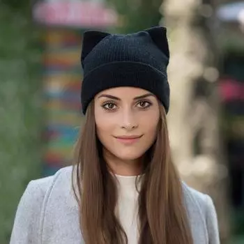 Милая шапочка с кошачьими ушками, теплая зимняя вязаная шапка, мягкая шерстяная вязаная шапка, шапки-бини для женщин и девочек, маленький дьявол, кепка для косплея на Хэллоуин Elastic