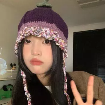 Милая шерстяная шапка цвета баклажана, зимняя женская шапка с большой окружностью головы, вязаная вручную, теплая, с защитой от ушей, универсальная, холодная шапка M56-58cm