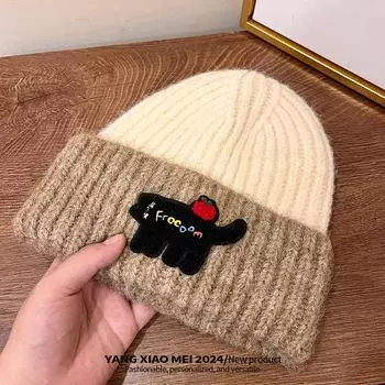 Милая шерстяная шапка-котенок, женская, 2024 года, новая, теплая, вязаная шапка с защитой ушей, осенне-зимняя, для защиты ушей, холодная шапка для женщин M56-58cm
