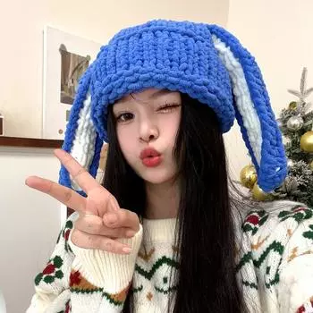 Милая шерстяная шапка ручной работы с длинными кроличьими ушками для женщин, осень и зима, новая тканая теплая маленькая вязаная шапка с милым личиком One Size
