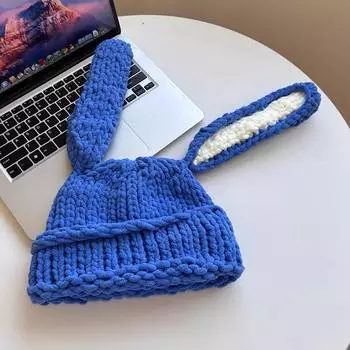 Милая шерстяная шапка ручной работы с длинными кроличьими ушками для женщин, осень и зима, новая тканая теплая маленькая вязаная шапка с милым личиком M56-58cm роза розовый