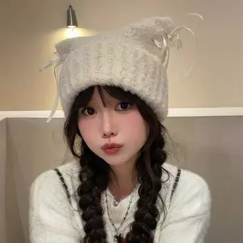 Милая шерстяная шапка с бантом и большой окружностью головы, осенне-зимняя женская теплая вязаная защитная шапка для лица, головной убор для защиты ушей Average size (54-58cm) бежевый