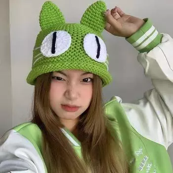 Милая шерстяная шапка с большими кошачьими ушками, женская зимняя теплая вязаная шапка ручной работы, студенческая милая шапка-пуловер M56-58cm зелёный