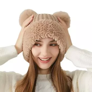 Милая шерстяная шапка с изображением медведя, детская зимняя толстая плюшевая теплая меховая шапка, осенне-зимняя вязаная шапка с большой окружностью головы one size хаки