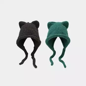 Милая шерстяная шапка с кошачьими ушками, разноцветная, со шнуровкой, плетеная, женская, осенне-зимняя, универсальная, теплая шапка для защиты ушей One Size чёрный