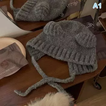 Милая шерстяная шапка с медвежьими ушками, зимние шапки, теплые, со шнуровкой, для защиты ушей, вязаная шапка-бомбер, шапки, вязание, Корея, женские, теплые