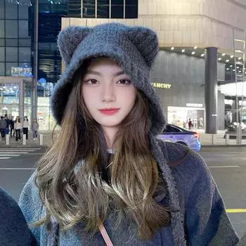 Милая шерстяная шапка с медвежьими ушками, зимние шапки, теплые, со шнуровкой, для защиты ушей, вязаная шапка-бомбер, шапки, вязание, Корея, женские, теплые