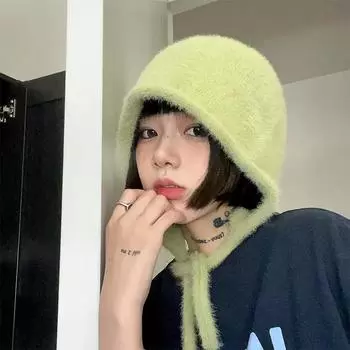 Милая шерстяная шапка, шапка-ушанка, женская защита ушей, цельная шапка, завязывается, теплая сетка, красная шапка-ушанка, модная 56-58cm чёрный