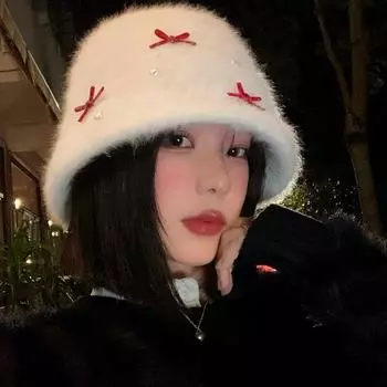 Милая шляпа-ведро с кроличьей шерстью и жемчугом, женская, осень-зима 2024 года, высококачественная термошляпа, маленькая шляпа с открытым лицом M56-58cm белый