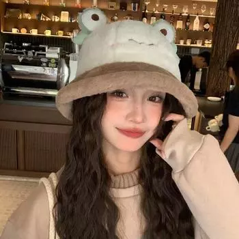 Милая шляпа-ведро в виде лягушки для женщин 2024 года, осень-зима, новая теплая шляпа с большой окружностью головы, показывающая лицо, маленькая шляпа-ведро контрастного цвета M56-58cm зелёный