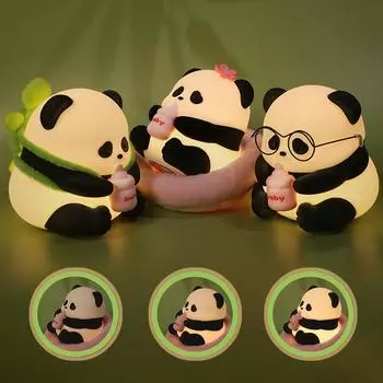 Милая силиконовая лампа в виде панды, перезаряжаемая через USB, датчик времени, светодиодный ночник, украшение на прикроватной тумбочке, подарок на день рождения для детей 01