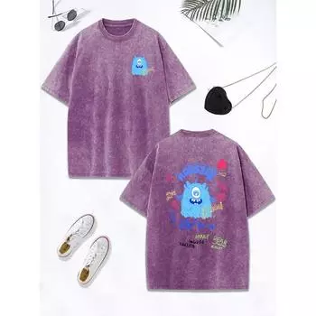 Милая синяя плюшевая футболка с маленьким монстром из хлопка, женская, оверсайз, с круглым вырезом, удобная, с эффектом потертости, одежда S
