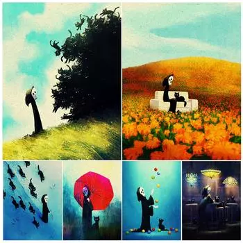 Милая смерть и черная кошка домашнее животное винтажная настенная живопись маслом Счастливая смерть иллюстрированный художественный постер 21cm30cm NoFrame