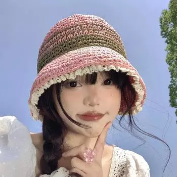Милая соломенная шляпа с кружевной кромкой, подходящая по цвету, для женщин, летняя, дорожная, универсальная, солнцезащитная, французская, элегантная, пляжная шляпа-ведро 56-58cm розовый