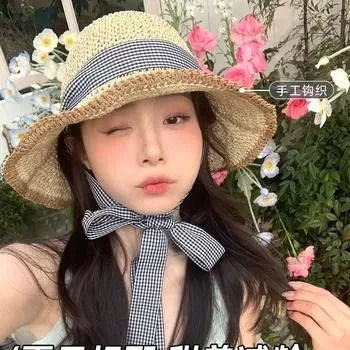 Милая соломенная шляпа в клетку с ремешком, женская, лето 2024, новинка, пляжный отдых, соломенная плетеная солнцезащитная шляпа average size (54-59cm)
