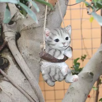 Милая статуэтка-качели из смолы для маленькой кошки, сада, домашнего офиса, комнаты, подвесного дерева, декоративная статуэтка, украшение для питомца с веревкой