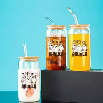 Милая стеклянная кружка 16 унций с принтом привидения на Хэллоуин, банки Мейсона, бутылки для воды с бамбуковой крышкой и соломинкой, стакан для питья, подарки на Хэллоуин 1pc