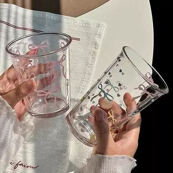 Милая стеклянная кружка с бантом для воды, мультяшная стеклянная кружка с бантом, полосатая милая кружка для кофе, бытовая кружка для фруктового чая, лимонада, подарок для девочек A2