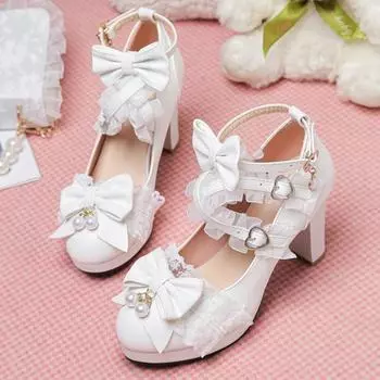 Милая стильная кружевная обувь в стиле Лолиты с бантом, милые туфли ярких цветов, модная повседневная обувь на высоком толстом каблуке с пряжкой 39 белый